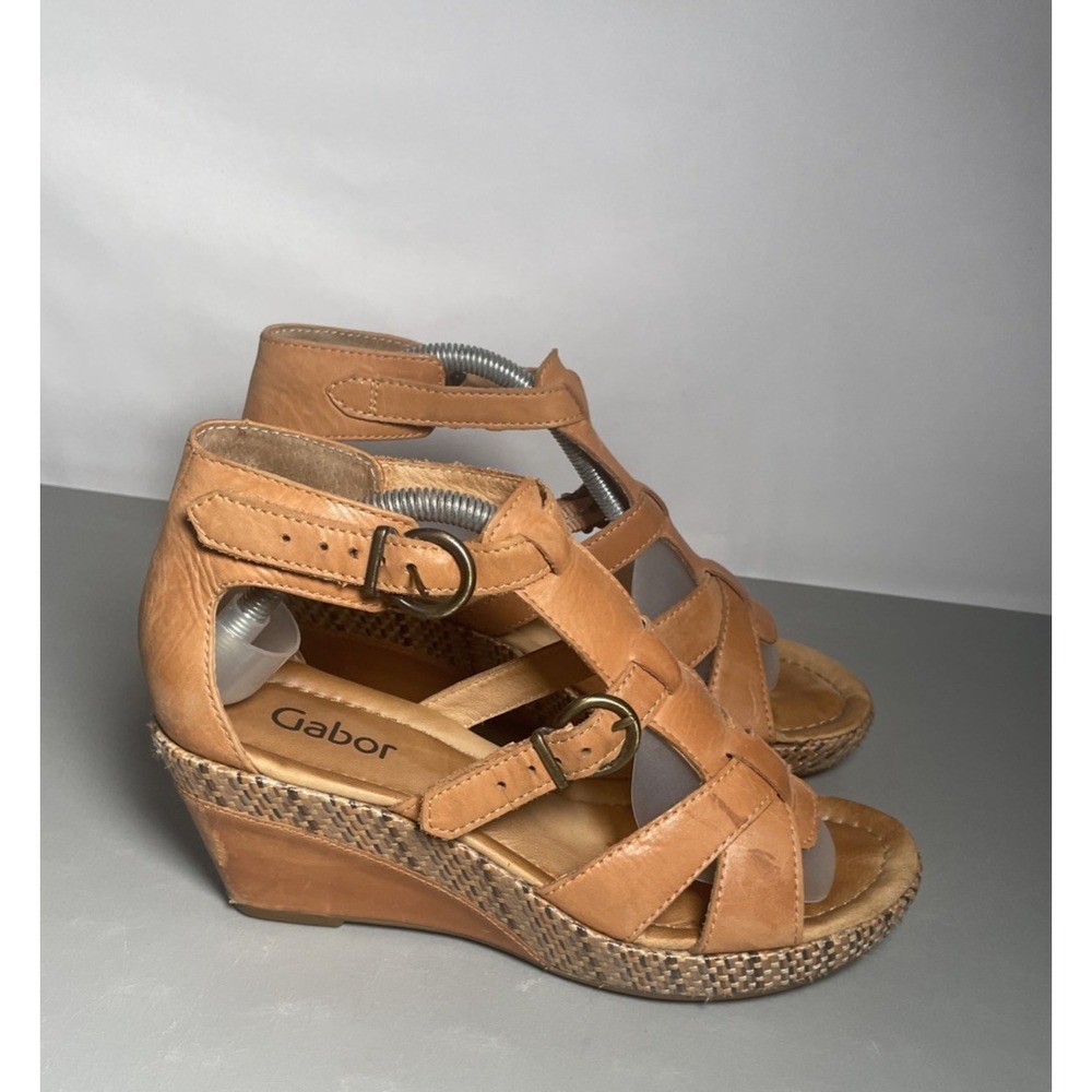Gabor Strappy Wedge Tan Leather Sandals Women's Size 8 UK5.5